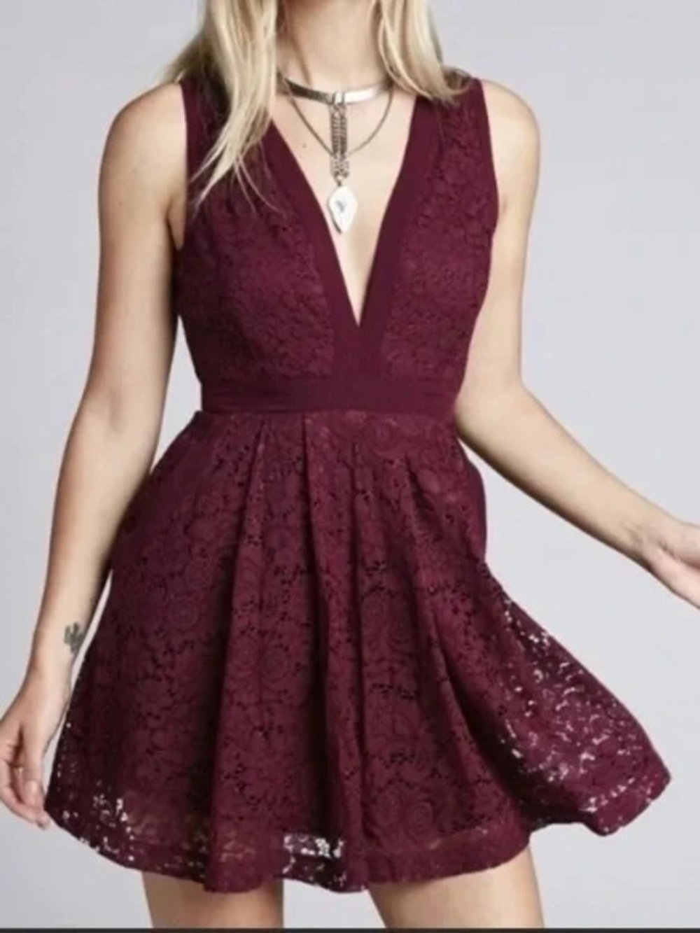 Free People Lovely In Lace Burgundy Cut Out Mini Dress Size Medium NWOT